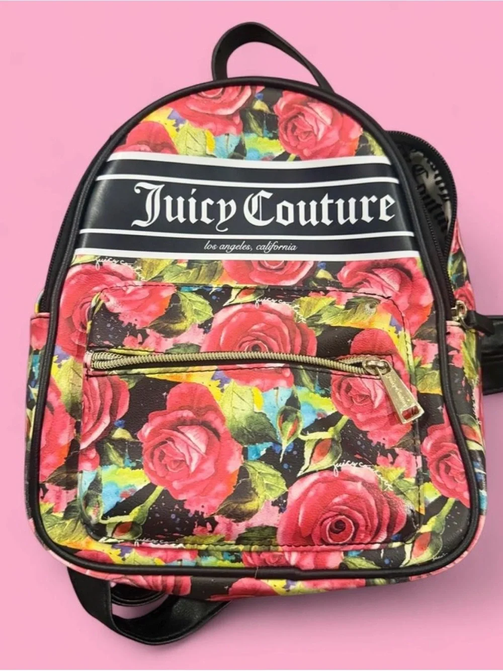Juicy Couture Floral Rose Print Backpack in Pink and Black